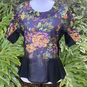 Bar III Sheer floral peplum shirt buttons up back
